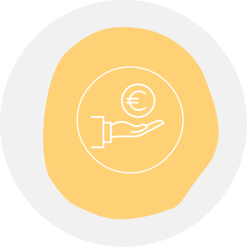 Icono de aportaciones sociales y económicas, una mano con un símbolo de euro sobre ella.